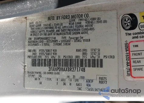 2011 Ford Fusion Se из США, поврежденный, VIN 3FAHP0HAXBR271748